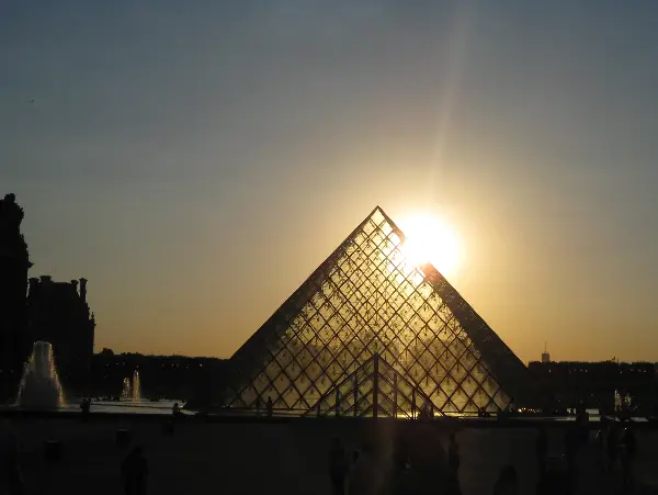 Paris skyline at sunset in warm evening light
